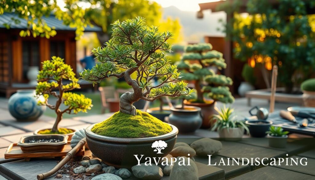 A tranquil garden scene featuring expertly cultivated Bonsai trees in pots with vibrant greenery. Various gardening tools are in the foreground, and a building is visible in the background. Text at the bottom reads "Yavapai Landscaping." The setting is bathed in warm, natural light, perfect for Prescott gardeners.