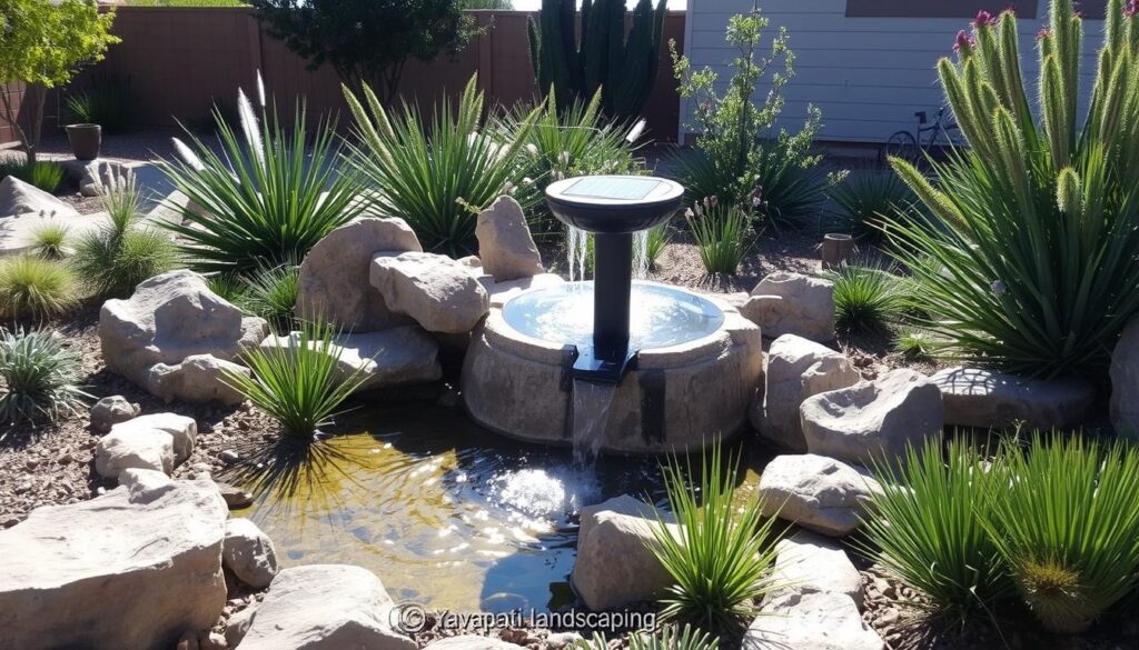 A landscaped garden in Prescott features a round fountain surrounded by large rocks and various green plants. Water flows gently from the solar-powered fountain into a small pond. The garden is bordered by a wooden fence, and a building is visible in the background, showcasing exquisite landscape design.