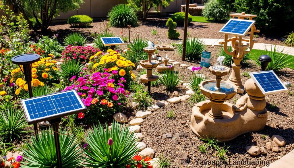 A vibrant garden featuring colorful flowers, various solar-powered fountains, and garden ornaments showcases the beauty of solar in landscaping. Several solar panels, mounted on stands, are placed among the plants. The garden is framed by neatly trimmed shrubs and a stone pathway. Text at the bottom reads "Yavapai Landscaping.