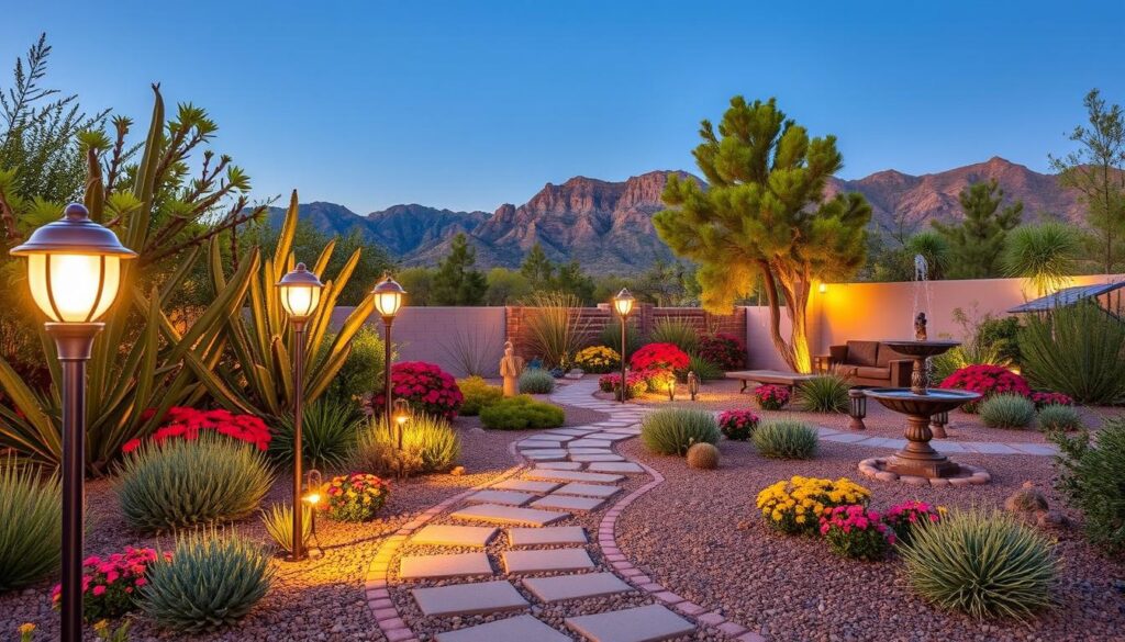 A beautifully landscaped backyard at dusk in Prescott features a paved stone pathway illuminated by solar-powered lanterns. Vibrant red and yellow flowers, various desert plants, and a central fire pit create a serene atmosphere, with mountains visible in the background.