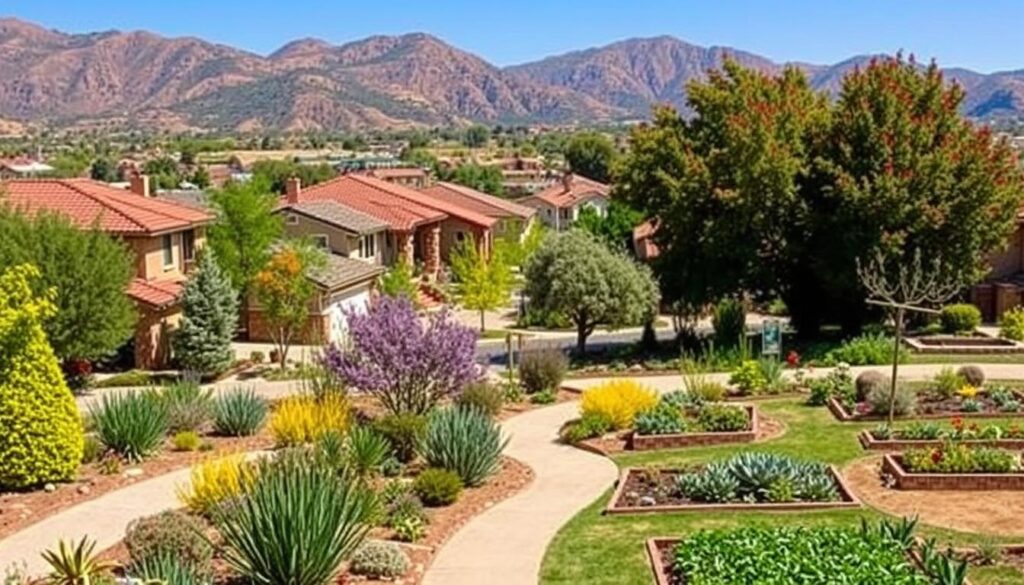 A scenic view of a suburban neighborhood in Prescott AZ, with terracotta-roofed houses surrounded by lush gardens and landscaped paths. In the background, there is a range of mountains under a clear blue sky. Trees and Firewise Landscaping initiatives featuring shrubs and flowers are seen in the foreground.