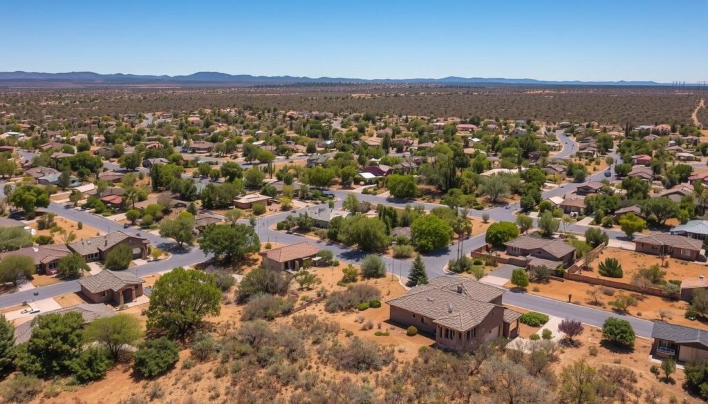 Aerial view of a suburban neighborhood in Prescott, AZ with numerous single-story homes, each surrounded by yards featuring desert and Firewise Landscaping. The scene includes wide streets, green trees scattered throughout, and distant mountains under a clear blue sky in the background.