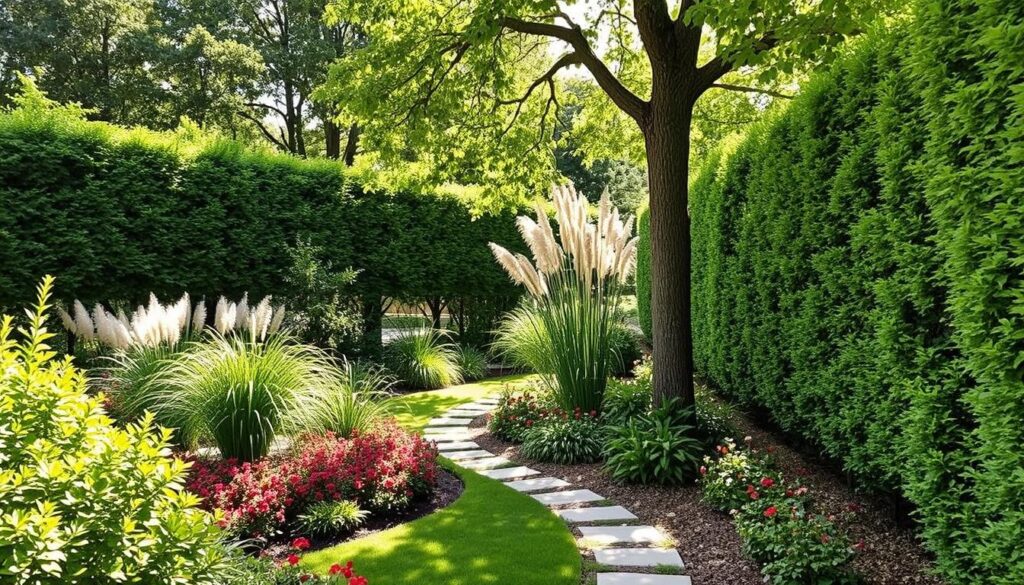 A serene garden at Prescott Gardens features a winding stone pathway bordered by lush greenery, blooming red and white flowers, and tall ornamental grasses. A large tree provides shade, while manicured hedges offer natural screening solutions, creating a peaceful and secluded atmosphere.