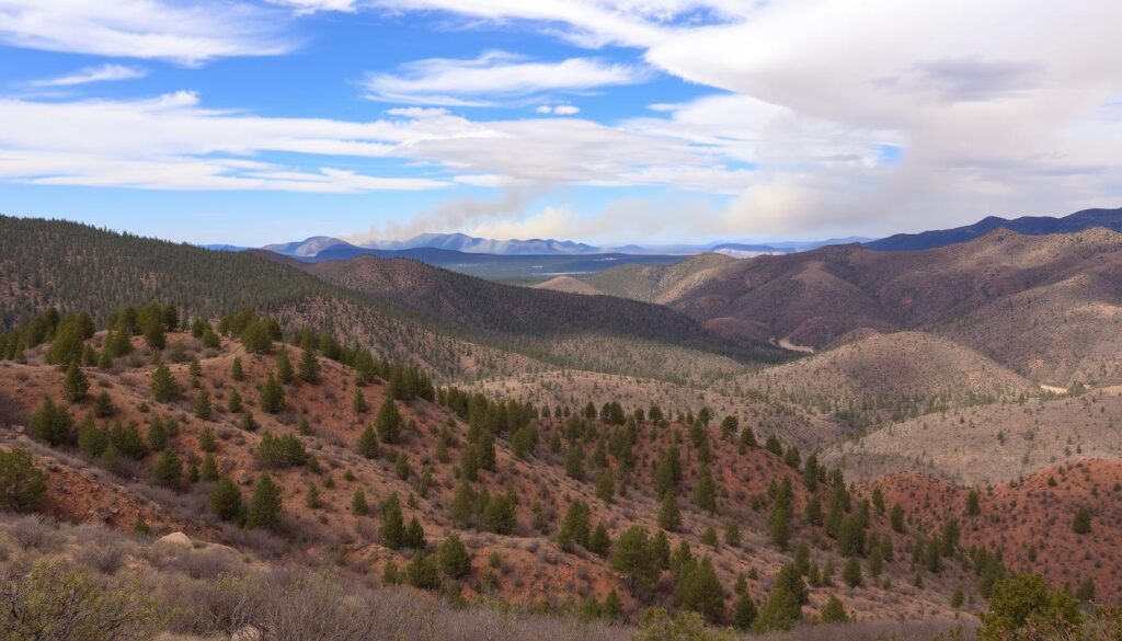 A vast landscape with rolling hills covered in sparse vegetation and bushes in Prescott, AZ. The hills transition into distant, rugged mountains under a blue sky with wispy clouds. A forested area can be seen in the mid-ground, and smoke seems to rise from the horizon—a reminder to stay informed about Firewise practices.