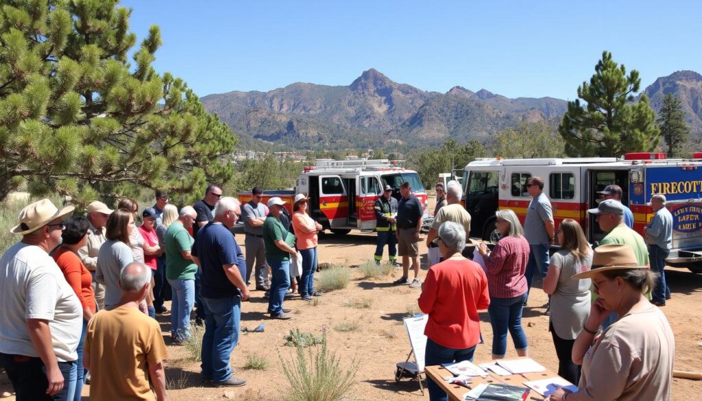 A group of people stands in a semi-circle around a presentation led by fire department personnel, showcasing Firewise Practices with fire trucks and emergency vehicles in the background. The scene is set in Prescott AZ, with mountains and clear skies in the distance.