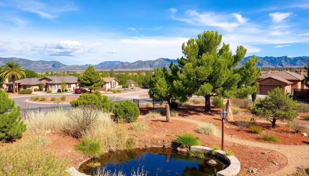 A serene suburban neighborhood in Prescott, AZ, with a small pond in the foreground, surrounded by dry, reddish soil and various green trees. In the background, there are houses with yards practicing Firewise measures, and beyond them, majestic mountains under a bright blue sky with a few clouds.