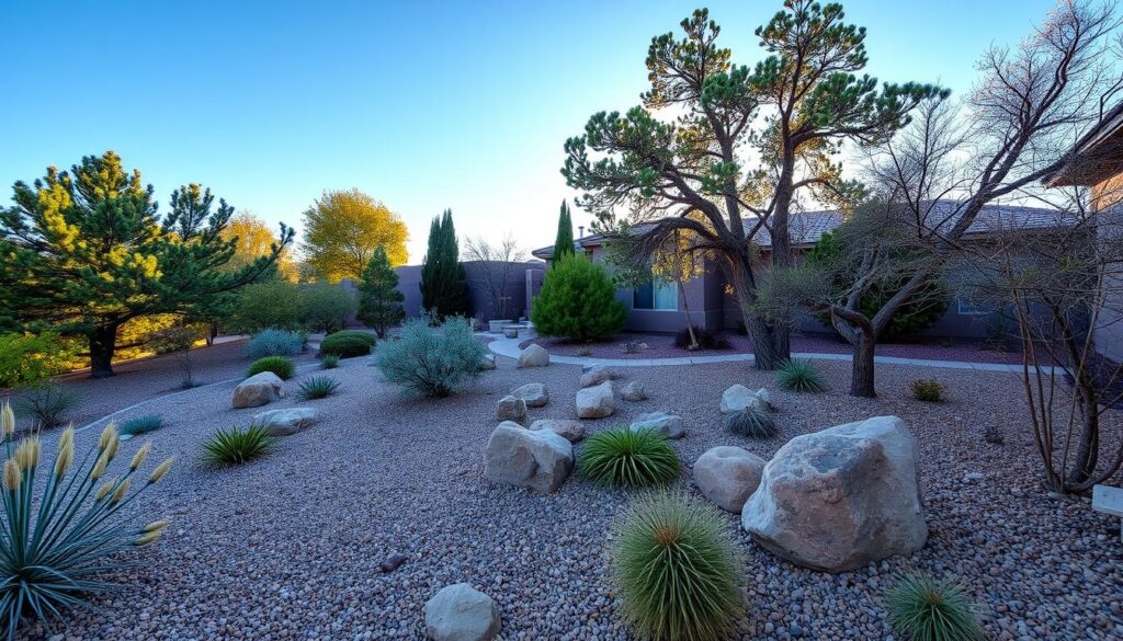 A landscaped yard in Prescott AZ features desert-style plants, including various succulents and small shrubs, interspersed with large rocks and gravel. The yard is surrounded by Firewise trees, ensuring safety for residential areas, with a house showing a tiled roof and outdoor path in the background.