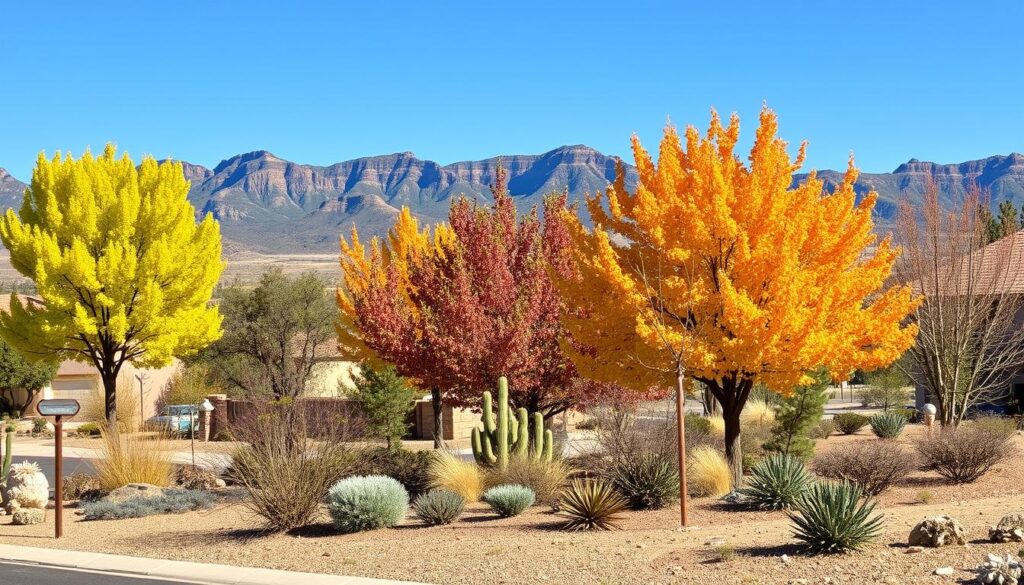 A vibrant autumn scene in Prescott, AZ, shows trees with yellow, orange, and red foliage in a desert landscape. Various cacti and desert plants are in the foreground. In the background, a range of mountains rises under a bright blue sky near some residential areas.