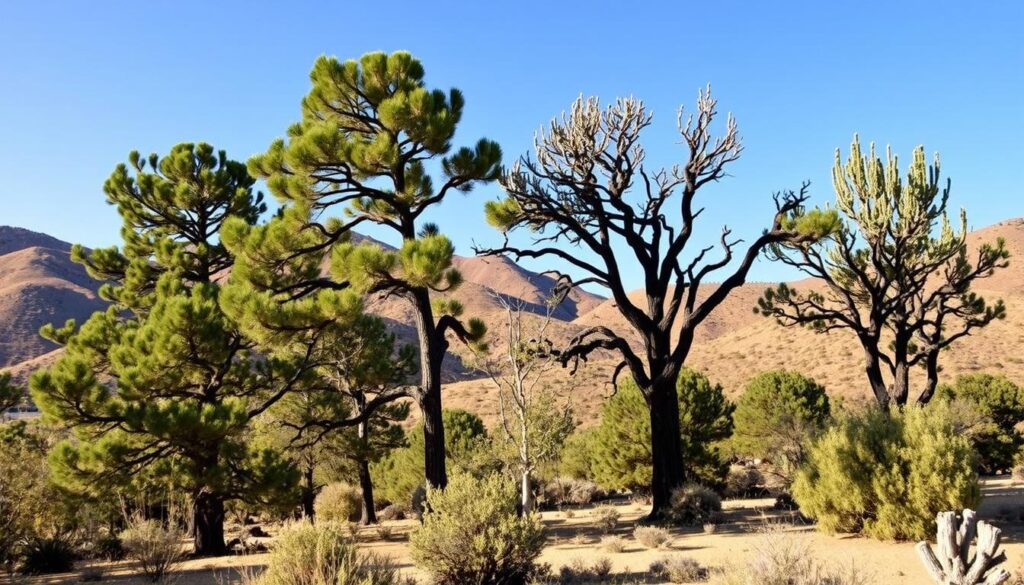 A scenic view of a sparse desert landscape in Prescott, AZ, featuring a mix of evergreen and leafless trees, with arid mountains in the background under a clear blue sky. Sparse vegetation dotting the sandy terrain emphasizes the dry environment, ideal for planting Firewise trees in residential areas.