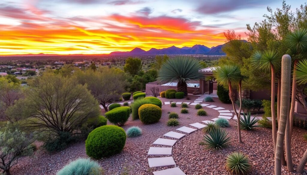 A scenic desert landscape in Prescott AZ features a garden with various cacti and succulents. A curving stone path leads through the plants. The backdrop showcases a vibrant sunset with orange and pink hues, and distant mountains are silhouetted against the colorful sky, all maintained with firewise practices.