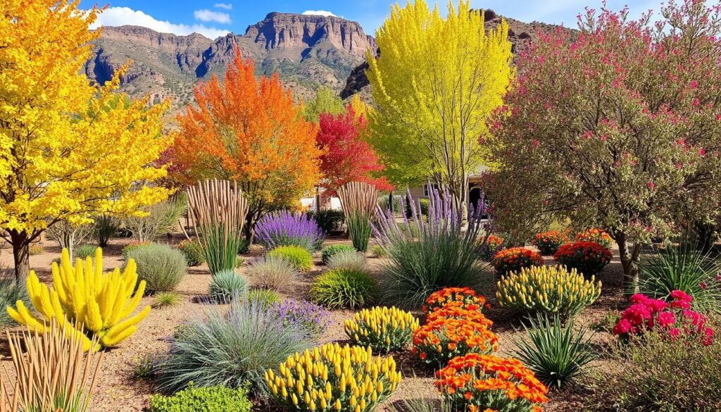 A vibrant garden in Prescott, AZ features colorful autumn foliage, various shrubs, and flowering plants. Trees display yellow, orange, and red leaves while blooming flowers in orange, yellow, purple, and pink add splashes of color. Proper maintenance ensures this Firewise landscape thrives under a blue sky with mountains rising in the background.