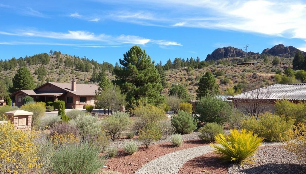 A scenic landscape in Prescott AZ features a house surrounded by desert plants, shrubs, and trees. In the background, rocky hills and clear blue skies with wispy clouds add to the charm. Thanks to Firewise practices and proper maintenance, the area boasts a tranquil, semi-arid appearance with a mix of greenery and dry terrain.