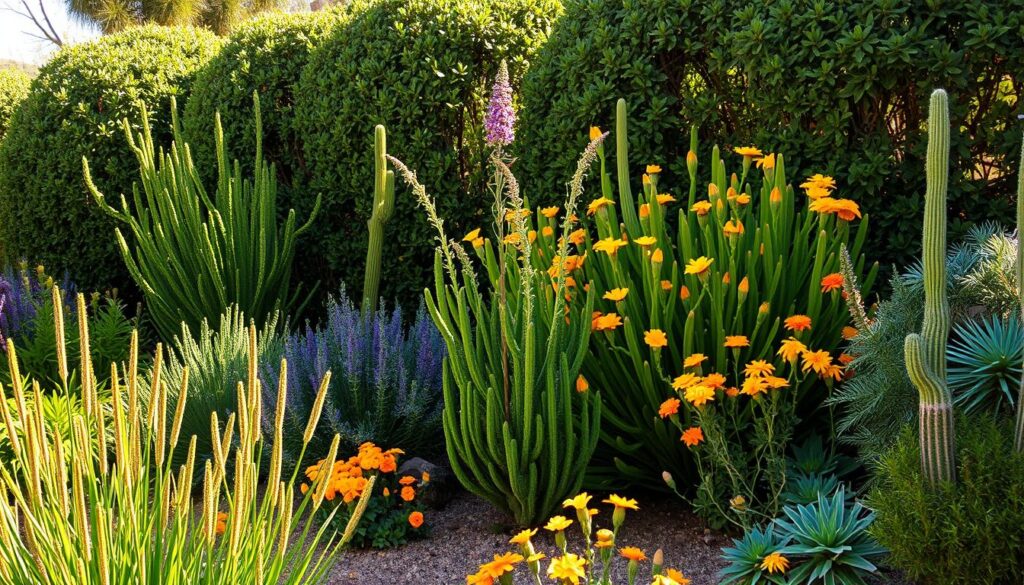 Prescott Gardens boasts a vibrant garden featuring various cacti and succulents, including tall, slender cactus stems, leafy succulent plants, and clusters of yellow and orange flowers. Lush, green shrubs provide natural screening and enhance the vivid colors and diverse textures of the garden.