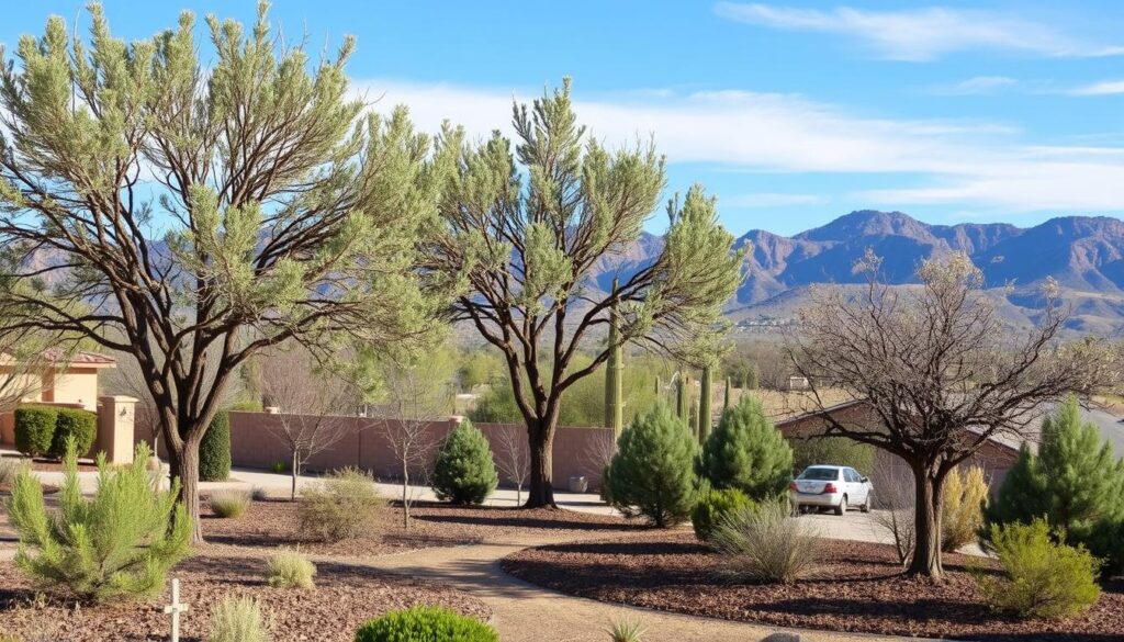 A serene landscape in Prescott AZ features tall trees with sparse greenery, surrounded by smaller shrubs and a dry, rocky ground. Behind the vegetation, a low wall runs horizontally with a single parked car next to it. Distant mountains are visible under a clear blue sky, showcasing the careful expertise of Firewise Tree Services.