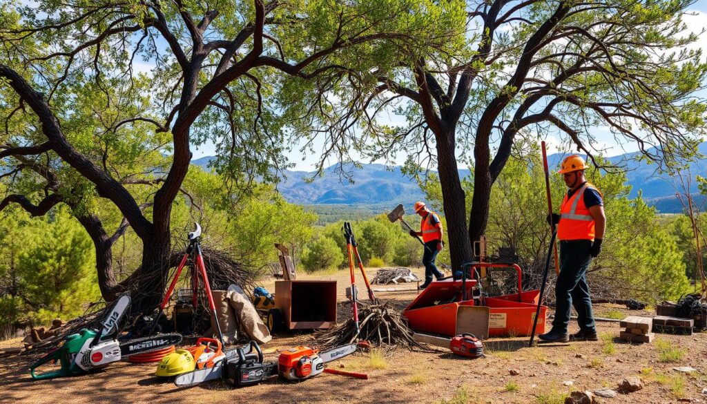 Two workers in high visibility vests and helmets perform tasks under a tree in a forested area. One person is raking, while the other organizes tools including shovels, chainsaws, and safety cones on the ground. Mountainous scenery is visible in the background, showcasing Firewise Tree Services in Prescott AZ.