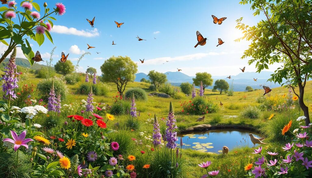 A vibrant meadow under a clear blue sky is full of colorful wildflowers and green grass. Butterflies are fluttering above, and birds are perched near a small pond reflecting the sunlight. Trees are scattered in the background, completing the picturesque landscape like an auto draft of nature’s finest artistry.