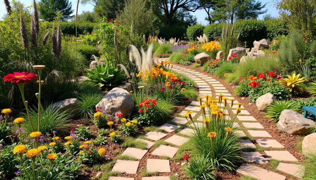 A vibrant garden path with neatly arranged stone pavers winds through colorful flower beds. The scene features blooming yellow, red, and pink flowers, lush green plants, and ornamental grasses. Trees and hedges surround this tranquil, sunny haven without any relevant SEO keywords found in sight.