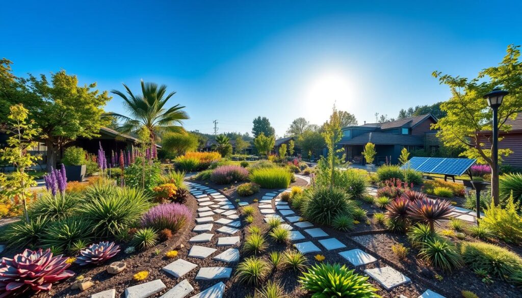 A sunlit garden showcases a variety of lush, colorful plants and succulents arranged along two winding stone pathways, embodying sustainable adaptation techniques. A house is visible in the background, alongside a solar panel and a black lamppost. The sky is clear and blue, with the sun shining brightly.