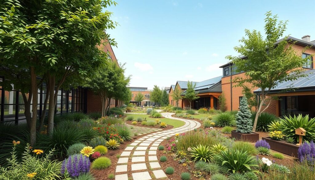 A picturesque courtyard garden showcasing expert landscape architecture, with a stone path winding through vibrant flower beds, shrubs, and small trees. The garden is bordered by charming brick buildings with large windows and sloped roofs, set beneath a clear blue sky.