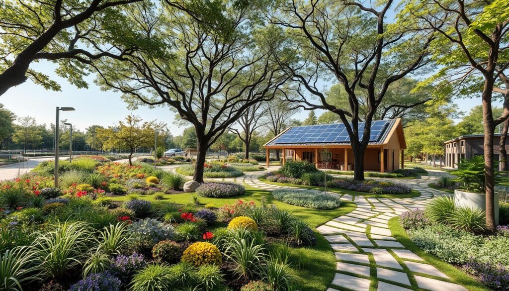 A beautifully landscaped garden with colorful flowers and green plants surrounds a small house with solar panels on the roof. This example of landscape architecture features stone paths and tall, shady trees. In the background, a clear blue sky and more greenery can be seen.