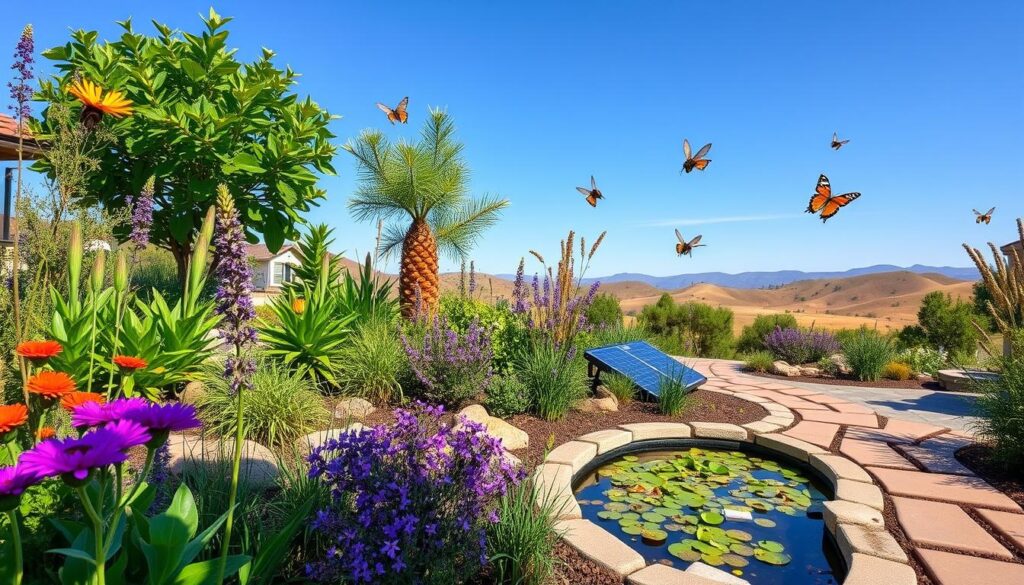 A vibrant garden with numerous flowers, a small palm tree, and lush greenery showcases meticulous landscape design. Butterflies flutter above while a stone pathway winds past a lily pad-filled pond. In the background, rolling hills stretch under a clear blue sky.