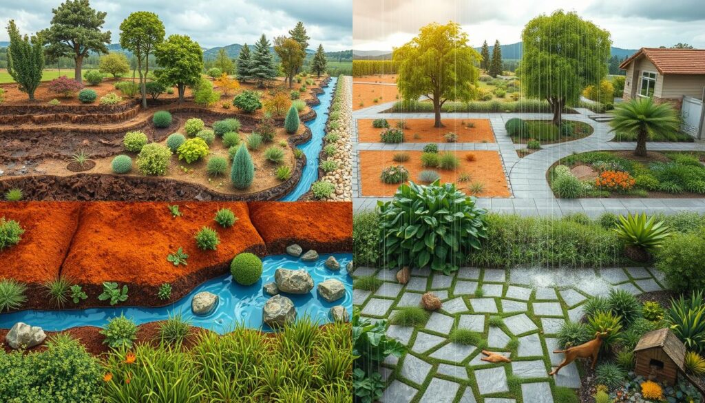 Four distinct garden landscapes are displayed in a grid. Each section contains colorful plants, rocks, winding paths, and water features. Different textures like gravel, concrete, and mulch are used. Thoughtful landscape design is evident as a leash-free dog plays in the bottom right garden.