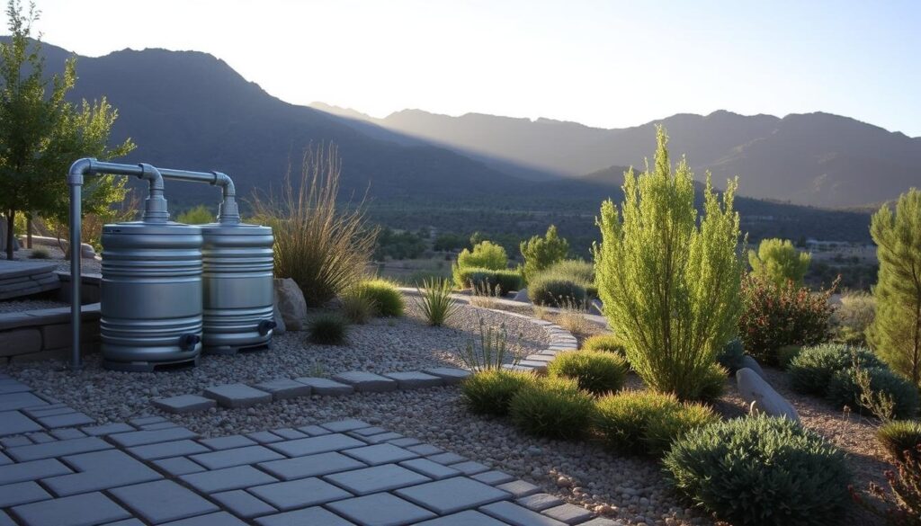 A serene desert garden at sunset features carefully arranged succulents, ornamental grasses, and paved stone pathways. Two metallic water tanks sit in one corner like an auto draft of the landscape design, while distant mountains loom under a gently setting sun, casting soft light over the scene.