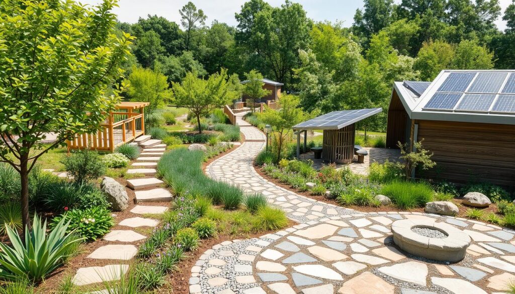 A beautifully landscaped garden showcases a winding stone path, a wooden gazebo with solar panels, steps leading up to a wooden platform, and lush green plants and trees. This thoughtful landscape design minimizes negative environmental impacts. The sunlit garden is framed by clear skies and dense woods in the background.