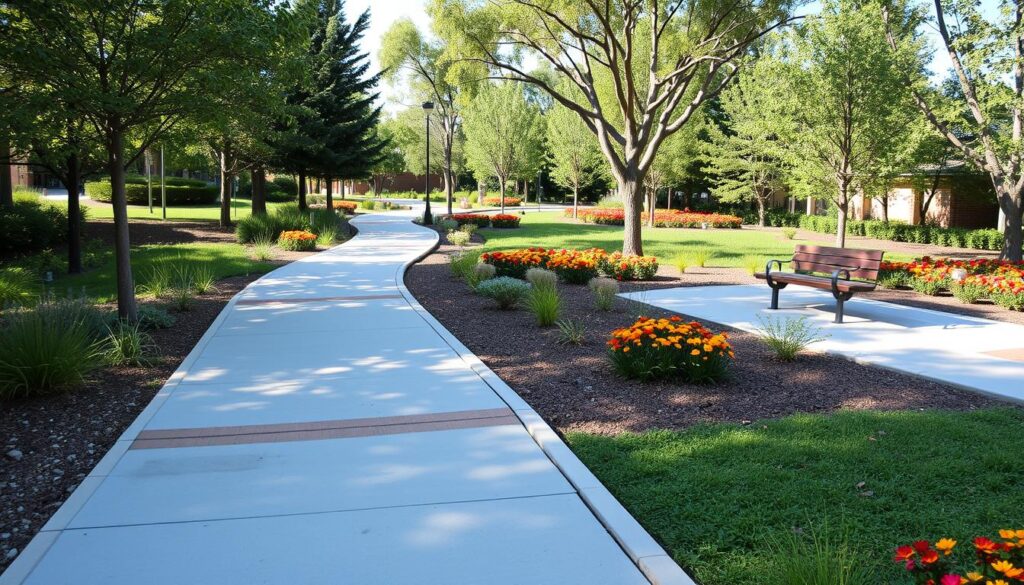 A winding concrete path surrounded by well-maintained flower beds and greenery in a park showcases thoughtful landscape design. Bright orange and yellow flowers add vibrant colors. There are several trees providing shade, and a wooden bench off to the side offers a place to sit and relax on these accessible walkways.