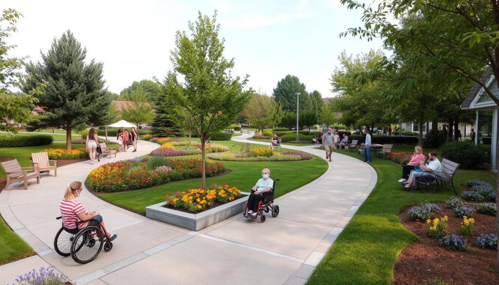 A beautifully landscaped park with expertly crafted pathways, flower beds, and lush greenery. Several people, some of whom are using wheelchairs, are enjoying the park's accessible walkways, walking, sitting on benches, and interacting with each other on a bright, sunny day.