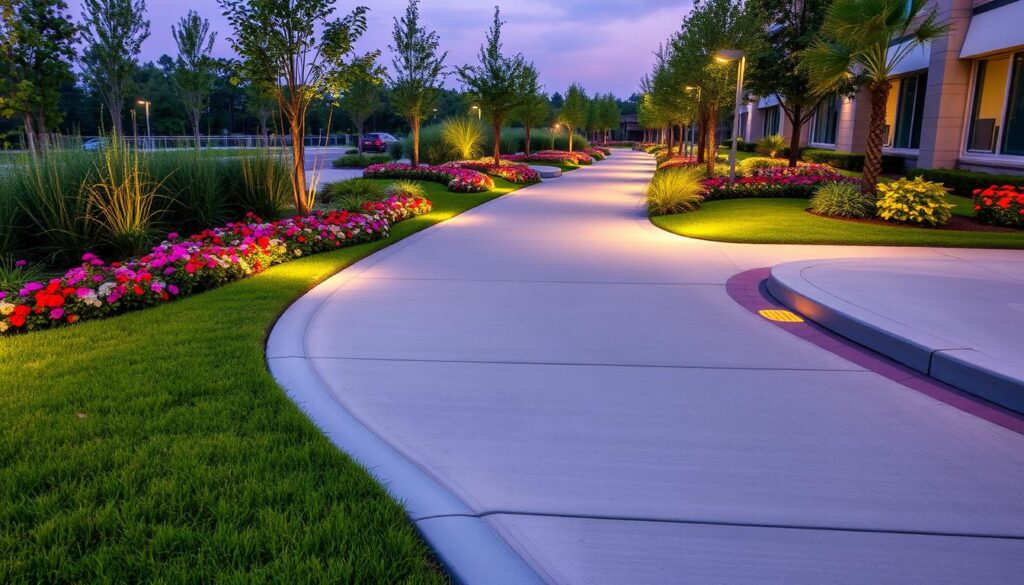 A well-lit, curving concrete pathway is lined with vibrant flower beds featuring various colorful blooms and neatly trimmed grass. The landscape design includes trees and small bushes adding greenery, while evenly spaced lampposts ensure safe walkways. A building and parking lot are visible in the background.