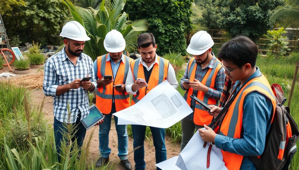 A group of six construction workers wearing orange safety vests and white helmets stand in a grassy outdoor area. They are looking at blueprints and using various devices like phones and tablets, showcasing technology integration. Lush greenery, indicative of thoughtful landscape architecture, is visible in the background.