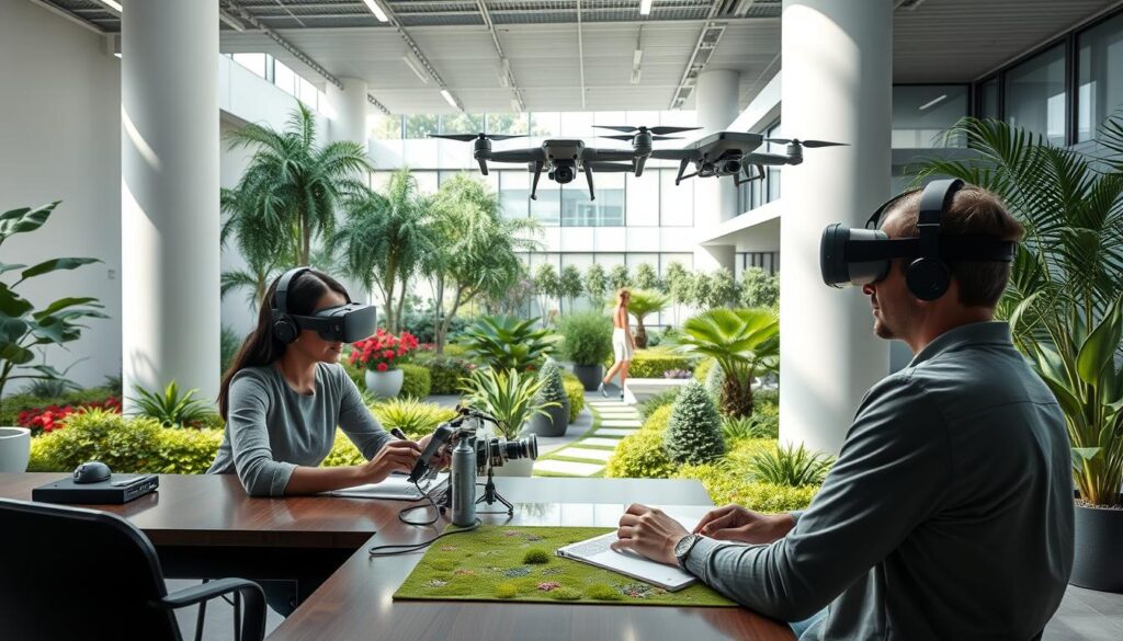 In a modern, plant-filled office, two people wear VR headsets while seated at a table with a drone device. In the background, drones hover near lush greenery, highlighting the efficiency of technology in landscape architecture as a person walks on a stone pathway.