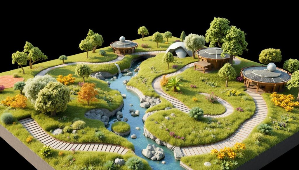 A detailed model of a scenic landscape featuring a winding stream, bridges, and pathways. The area is lush with various trees, shrubs, and colorful flowers. Two wooden buildings with glass domes seamlessly integrate technology within their design, while a modern white structure enriches the greenery.