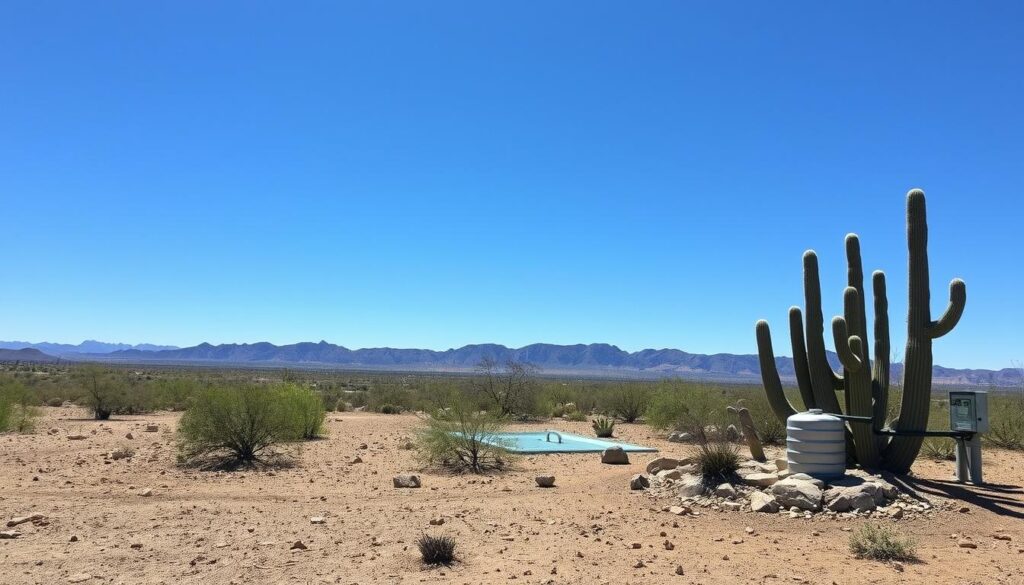 A desert scene with a clear blue sky features a large saguaro cactus and an auto draft water tank on the right. In the background, there's a small, blue, man-made pool surrounded by arid terrain and sparse vegetation. Mountains are visible in the distance.