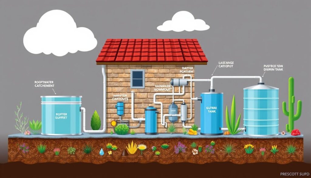 Auto Draft: Illustration of a house with a rainwater harvesting system. Labels show the flow from the roofwater catchment to a rainwater sump tank, passing through filters, a gutter tank, and a distribution tank with the end use of garden irrigation and household utilities.