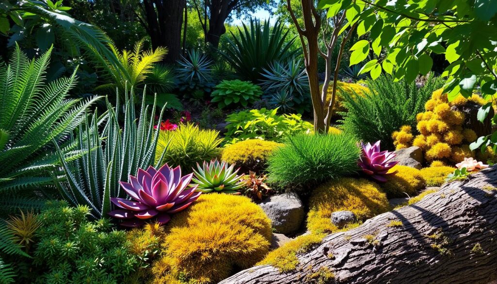 A vibrant garden features a variety of succulents, ferns, and mosses. Bright purple and green succulents stand out among the yellow and green mosses, surrounded by lush greenery and shaded by tall trees. Sunlight filters through the leaves, illuminating the scene like an auto draft of nature's brilliance.