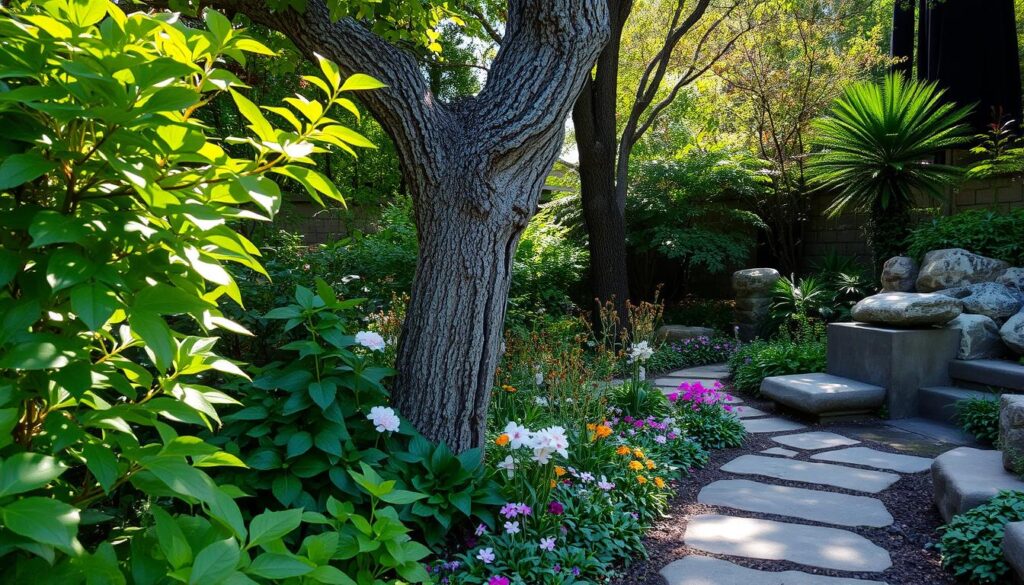 A lush garden with a stone pathway winding through vibrant greenery and colorful flowers, almost like an auto draft of nature's perfect design. A large tree stands prominently in the center, surrounded by various plants, ferns, and shrubs. Sunlight filters through the trees, casting a peaceful, natural ambiance.