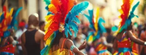 vibrant dancers in colorful costumes performing at a lively cultural festival.