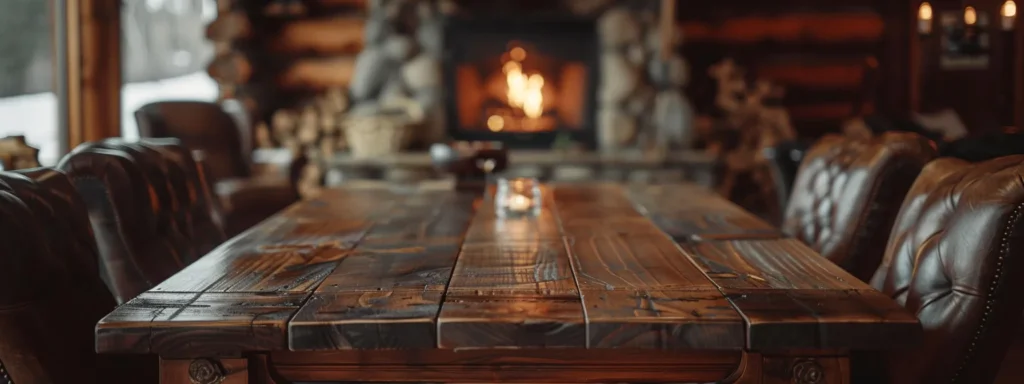 a rustic, handcrafted wooden table surrounded by cozy leather chairs in a warm, inviting log cabin with a stone fireplace in the background.