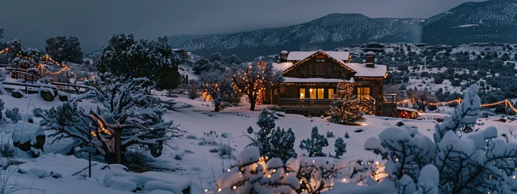 a house covered in twinkling lights, illuminating the snowy landscape of prescott, arizona.