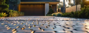 a sleek, modern driveway lined with perfectly laid pavers leading up to a beautifully landscaped home.