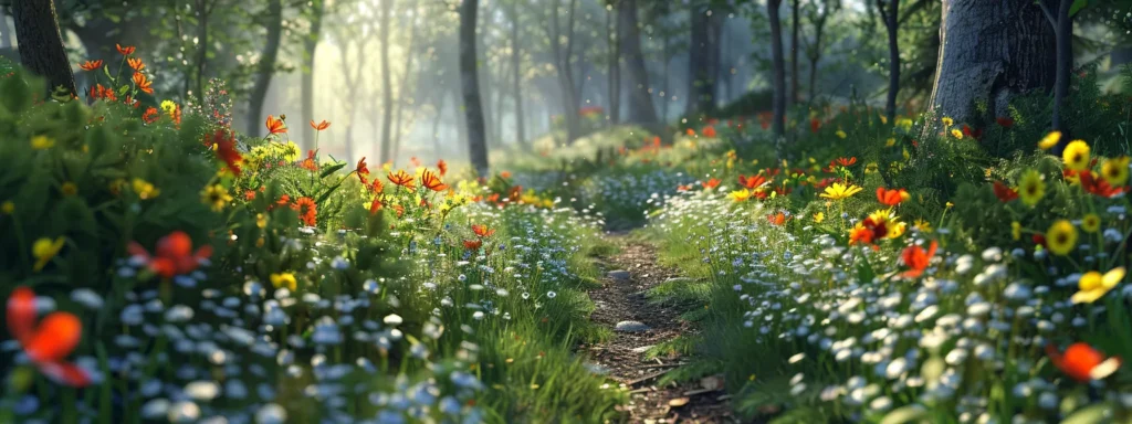 a tranquil forest path lined with vibrant wildflowers near talking rock.