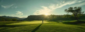 a golfer standing on a lush green fairway under a clear blue sky, with a luxurious clubhouse in the background, showcasing the perks of talking rock prescott golf membership.