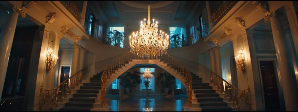 a glamorous chandelier shines above a grand marble foyer in a luxurious talking rock home.