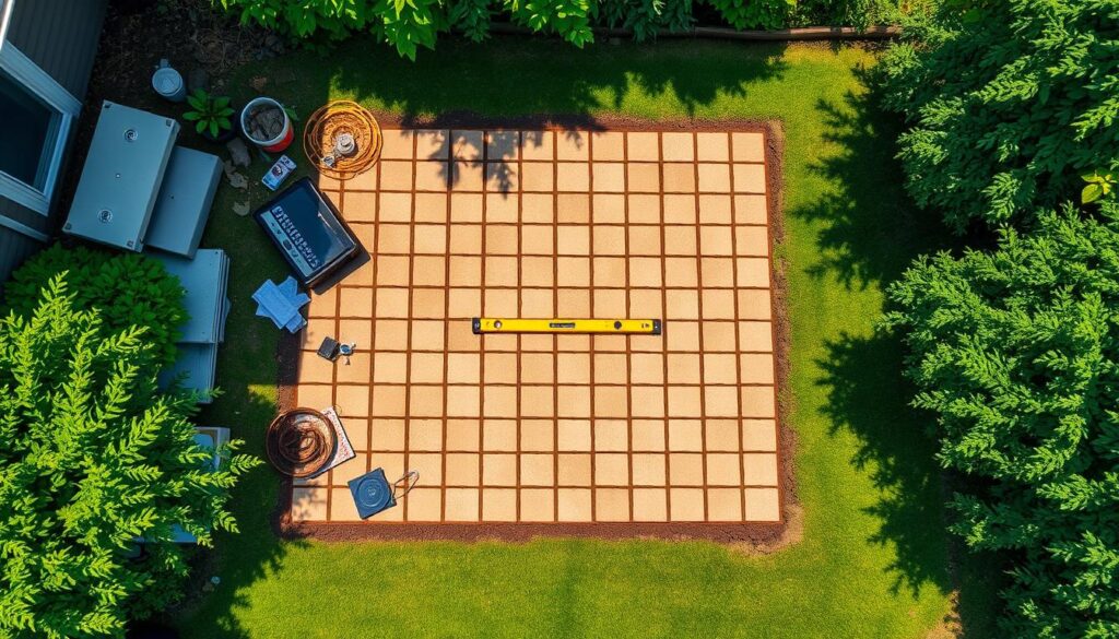 A neatly laid-out patio grid in a garden, viewed from above, effortlessly illustrates DIY Paver Installation. The square tiles are accompanied by construction tools like a spirit level and buckets. Green grass surrounds the patio area, bordered by lush bushes and trees.