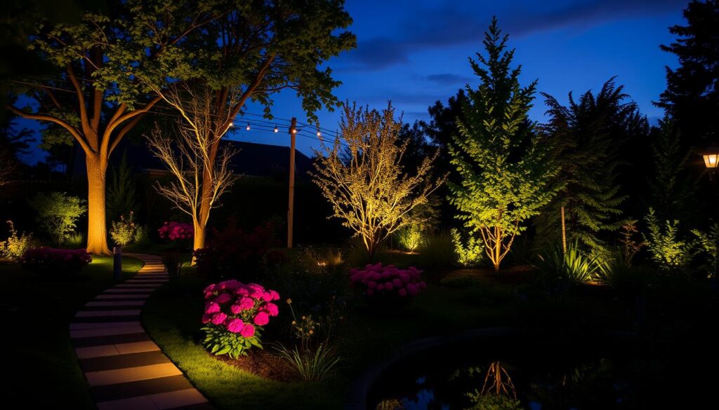 A beautifully lit garden at night features a winding stone pathway, trees illuminated with soft lights, and vibrant pink flowers. Like an auto draft of serenity, string lights are strung between the trees, while a calm pond reflects the tranquil ambiance.