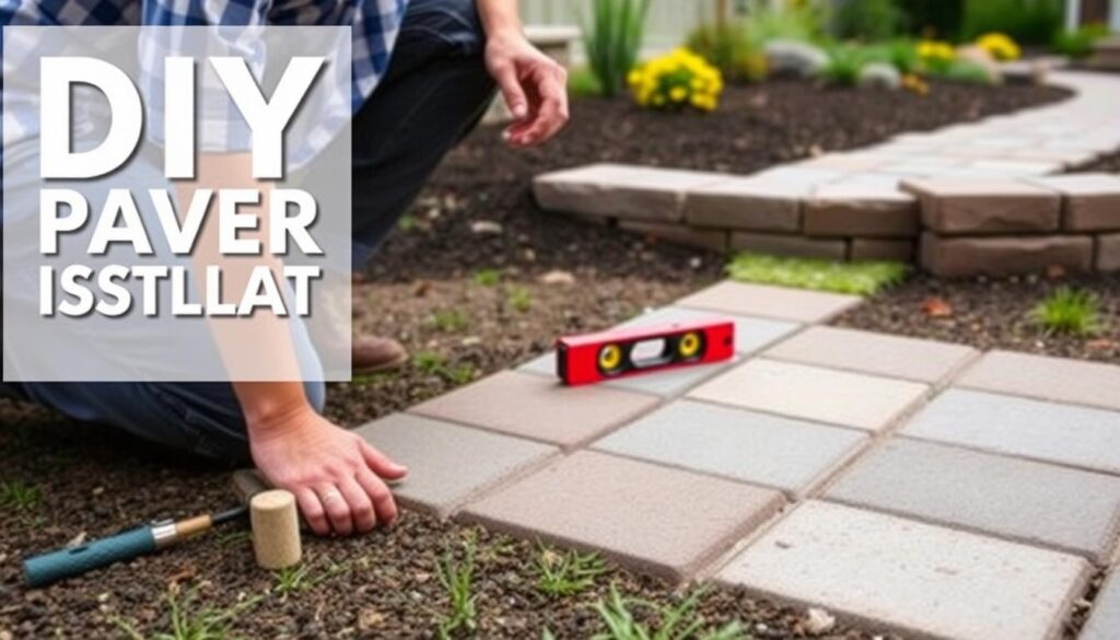 A person skillfully installing paver stones in a garden, kneeling with a mallet and leveling tool. A path lined with flowers curves in the background. Text reads “Your Guide to DIY Paver Installation.”