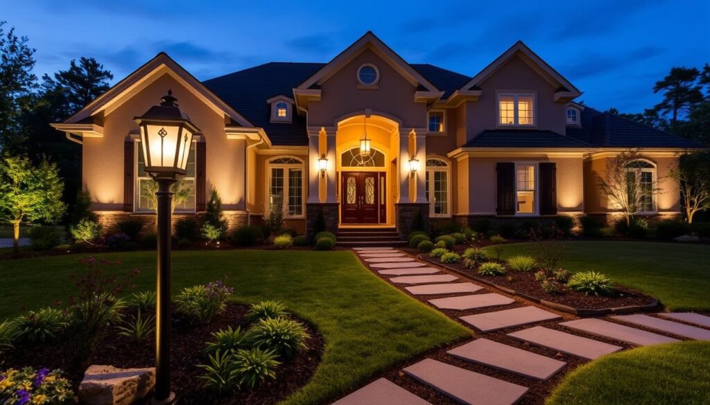 A well-lit suburban house at dusk, featuring a manicured lawn and garden. A stone pathway leads to a grand entrance with tall, arched windows and columns. As if crafted by design's auto draft, a vintage-style lamp post illuminates the path, enhancing the welcoming ambiance.