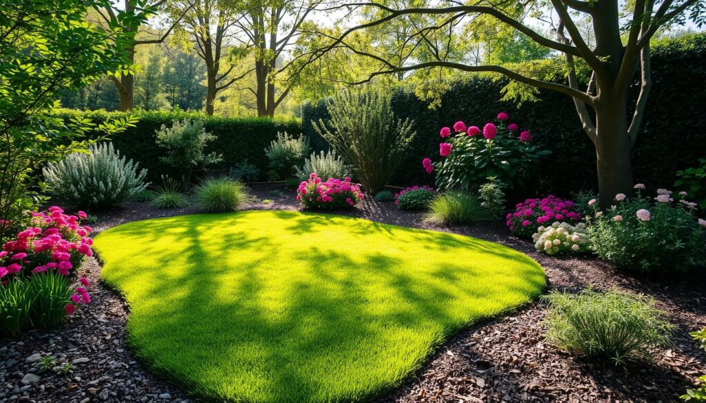 A lush garden features a vibrant green lawn, enhanced with eco-friendly landscaping, surrounded by colorful flowers in shades of pink and white. Tall trees and dense shrubs create a natural border, with sunlight casting soft shadows across the grass.